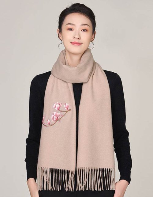Handmade Suzhou Embroidery Wool Cashmere Scarf with Magnolia Flower 200x38cm