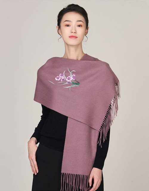 Handmade Suzhou Embroidery Wool Cashmere Scarf with Narcissus Flower 200x38cm