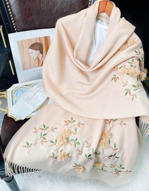 Embroidery 100% Pure Cashmere Scarf Rose 200x60 cm