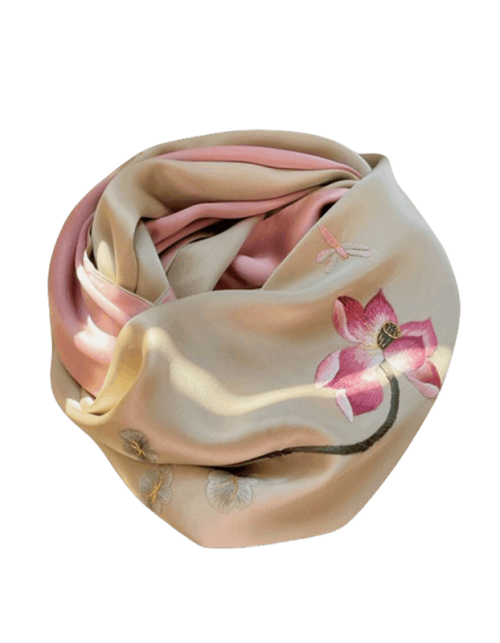 Handmade Su Embroidery 16 Momme Silk Scarf Lotus 155x35cm