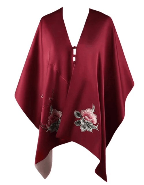 Embroidery Luxurious 16 Momme Silk Satin Red Shawl 185x45cm
