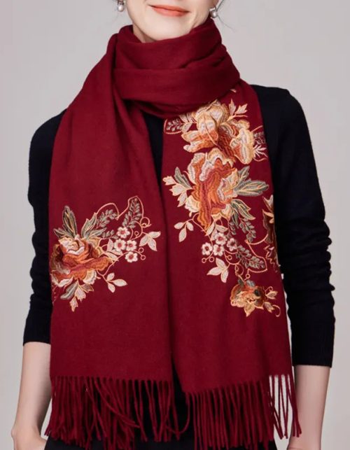 Embroidery Premium 100% Wool Cashmere Scarf Prosperous Peony Pattern 200 x 60 cm