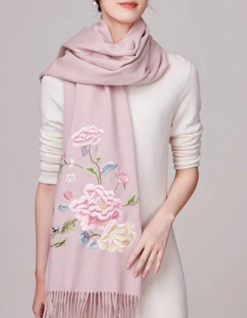Embroidery Premium 100% Wool Cashmere Scarf Hydrangea Peony Pattern 200 x 70 cm