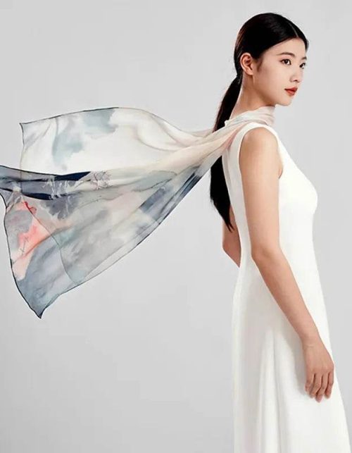 100% Mulberry Silk Ink Lotus Serene Design Long Scarf 180 x 50 Cm